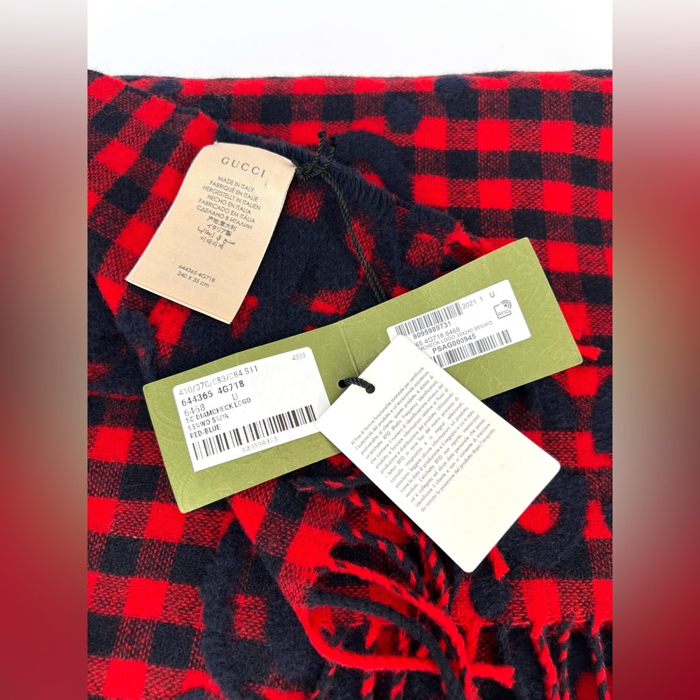 Gucci 644365 Red Blue Wool Jacquard Check GG Diamcheck Logo UNISEX Fringe Scarf - Picture 4 of 12
